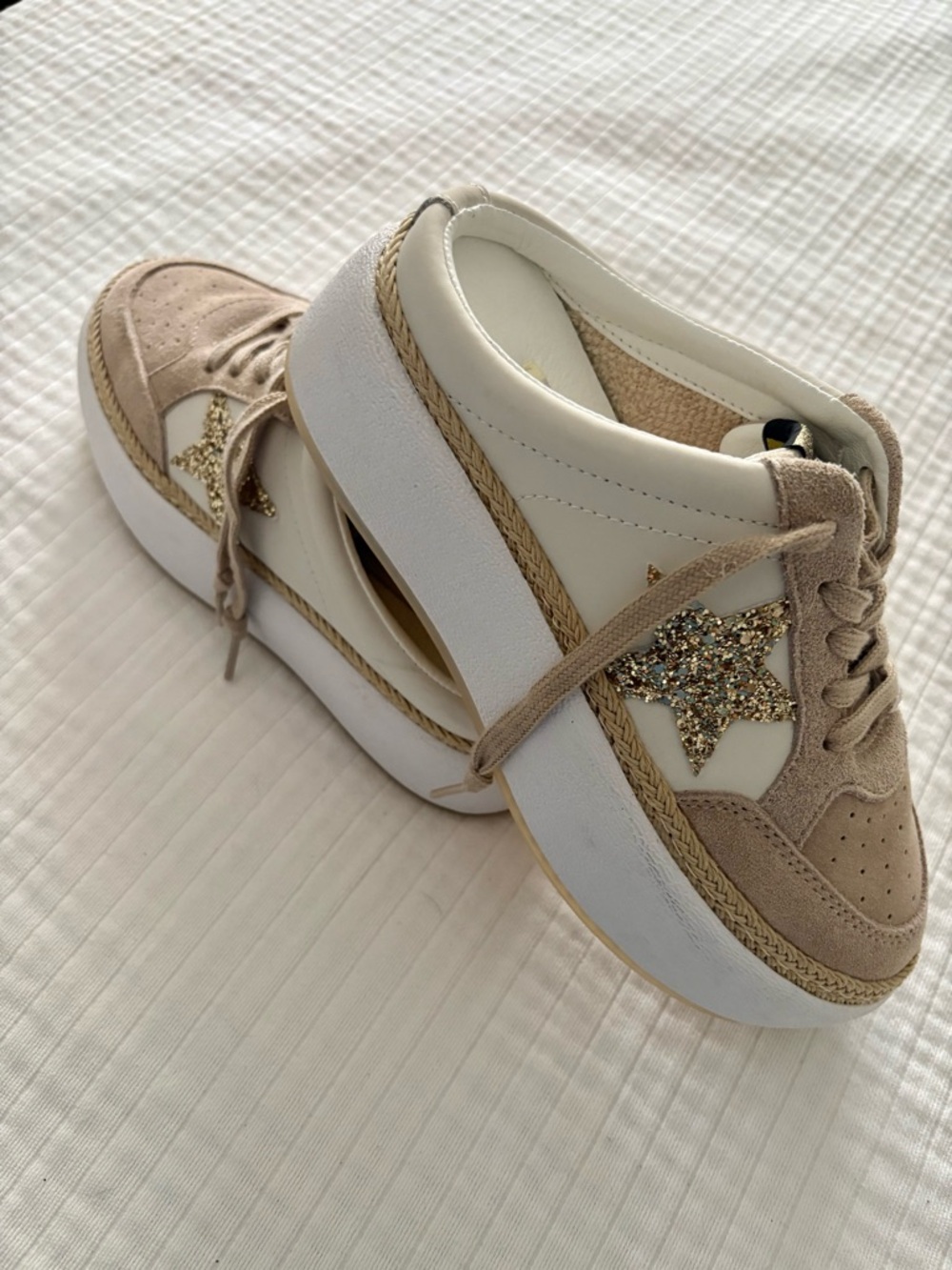Vintage Havana Beige and Gold Glitter Star Platform Sneakers
